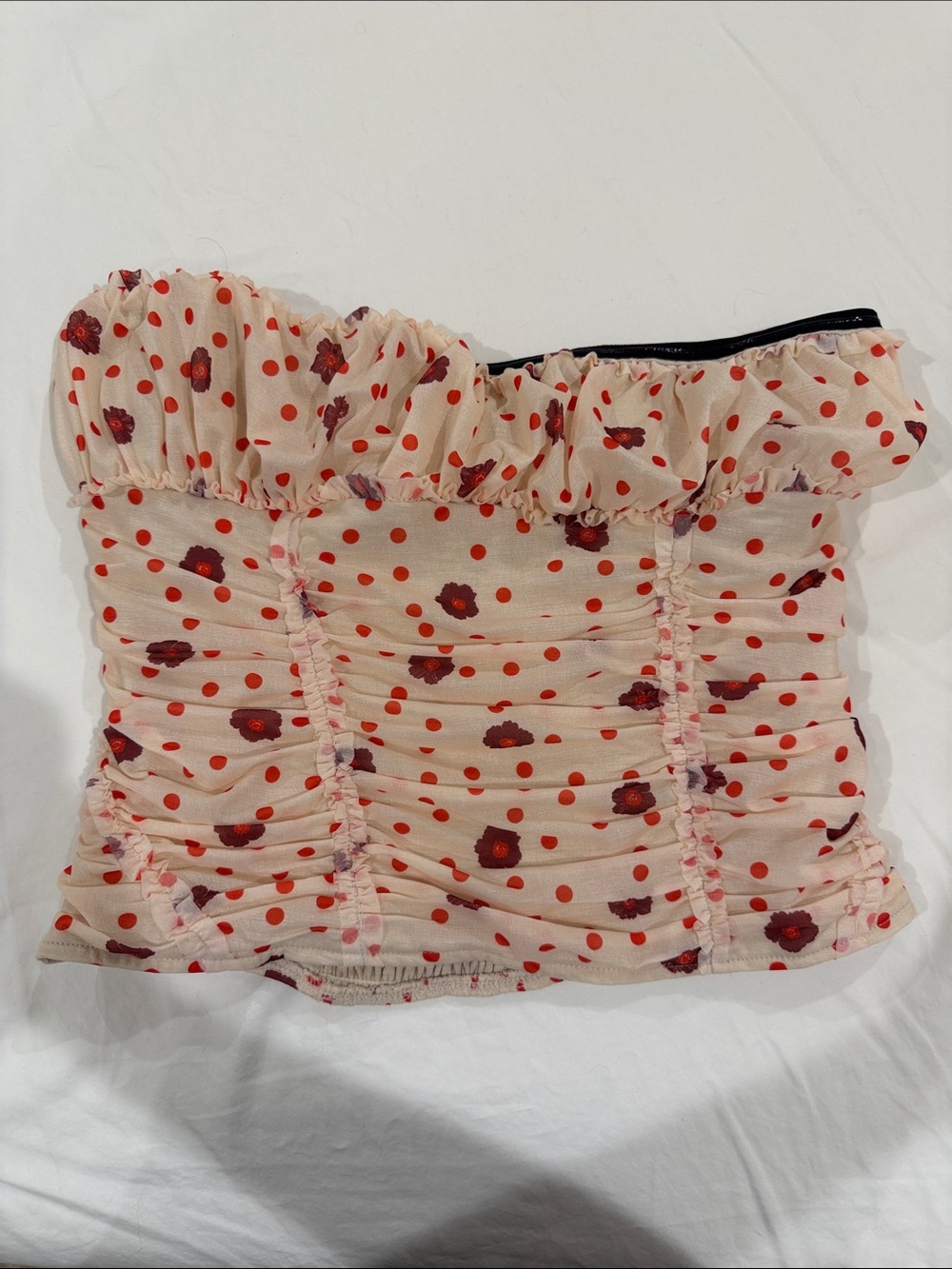 Free People Cream Strapless Crop Top with Red Polka Dots & Burgundy Floral